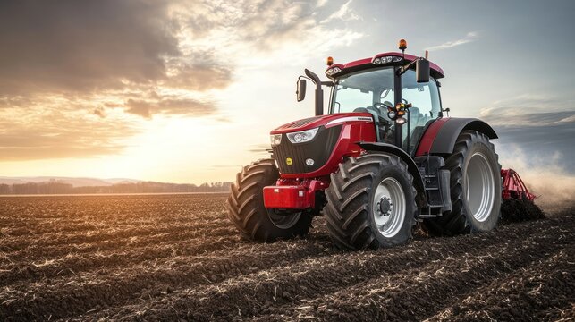 Red Tractor Working Field at Sunset