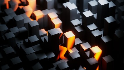 3D rendering, he cubic objects are moving slowly, the ray of the sunset sun lighting on the wall