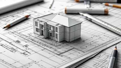 Exploring architectural design with detailed blueprints and a model house on a drafting table