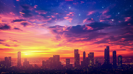 Fototapeta premium Urban Sunset with Silhouetted Skyscrapers and Twinkling City Lights: City Life and Beauty. Generative AI