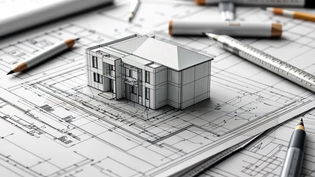Exploring architectural design with detailed blueprints and a model house on a drafting table