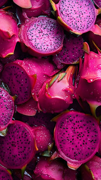 Fresh pink dragonfruit with waterdrops, macro photo, healthy fruit, background for food or health commercial