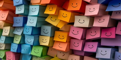 Colorful Sticky Notes with Smiling Faces on the Wall for a Positive Work Environment