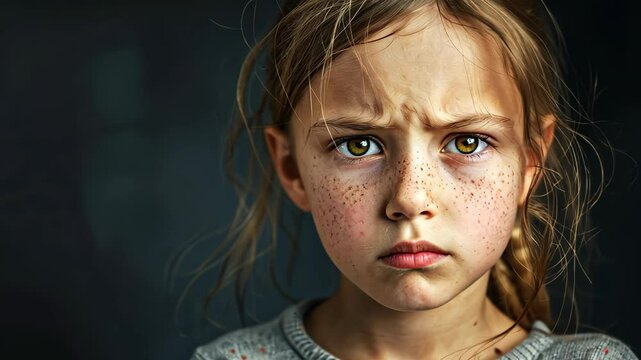 A serious young girl with freckles and a stern expression gazes thoughtfully at the camera in a dark setting