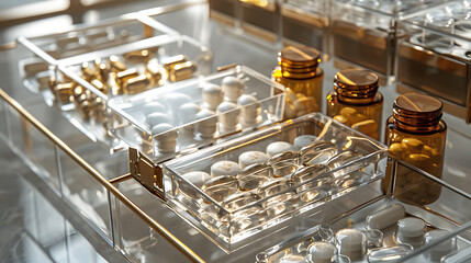 Close-up shot of an organized drawer with clear acrylic containers and gold accents, showcasing various pills and capsules, reflecting a minimalistic and clean aesthetic.