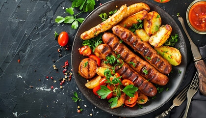 Sausage with fried potatoes and vegetables on a plate. Top view