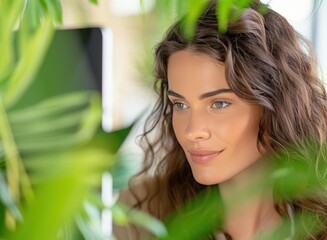 Naklejka premium Captivating woman engaged in focused work amidst vibrant indoor greenery in natural light