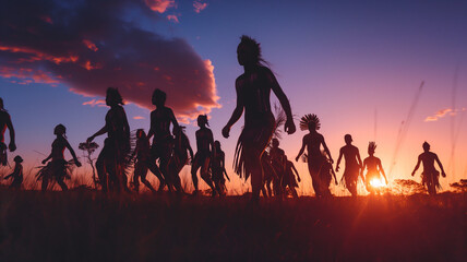 Fototapeta premium Australian Aboriginal Dancers Performing at sunset. Cinematic Style and Cultural Celebration. Generative AI