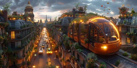 Fototapeta premium An immersive 360-degree equirectangular panorama of Paris in the future, featuring rooftop gardens atop historic landmarks, autonomous electric