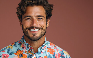 Obraz premium A happy and handsome fashion businessman wearing a colorful flower pattern shirt and smiling. The picture exudes a trendy and cheerful atmosphere, suitable for lifestyle and fashion-related...