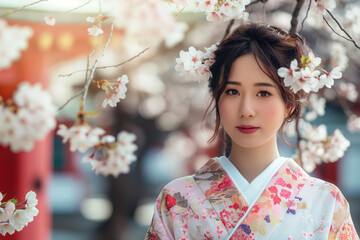 Young pretty Japanese Woman in Kimono at Rokusonno Shrine During Cherry Blossom Bloom. Concept of Cultural Tradition and Spring in Kyoto. Generative AI