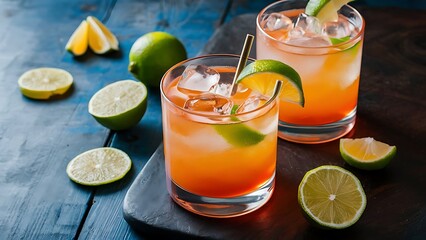 Fototapeta premium Close up view of refreshing sour alcohol caipirinha cocktails with ice and lime pieces on tabletop