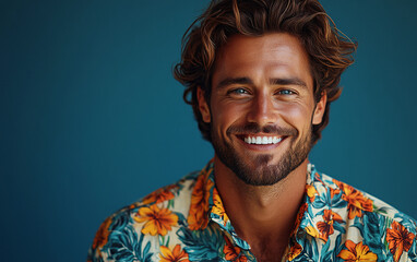 A happy and handsome fashion businessman is smiling and wearing a colorful flower pattern shirt, exuding confidence and style. Suitable for fashion ads or corporate summer party invitations.