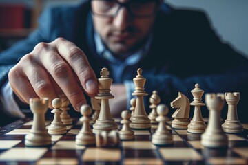 Businessman is strategically moving a king chess piece on a chessboard, contemplating his next move