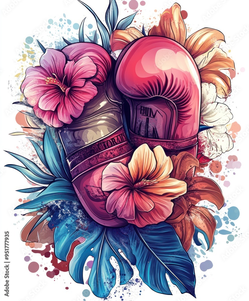 Canvas Prints A vibrant illustration of boxing gloves surrounded by tropical flowers and leaves.