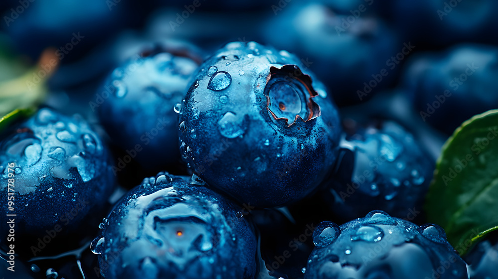 Poster Fresh sweet blue blueberry with waterdrops, macro photo, healthy fruit, background for food or health commercial