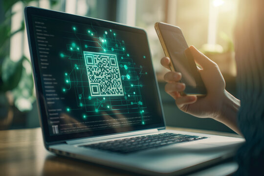 Scanning QR Code for Multi-Factor Authentication on Laptop Screen. Concept of Digital Security and Authentication. Generative AI