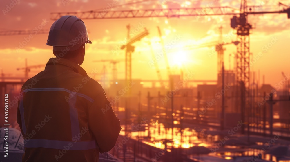 Poster a construction worker wearing a hard hat stands in front of a large building