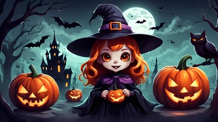 halloween witch background with pumpkin