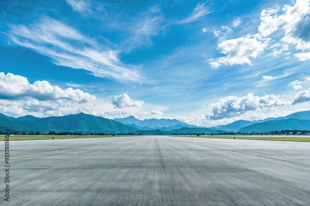 Wall mural empty runway is leading to a mountain range under a blue sky with some clouds