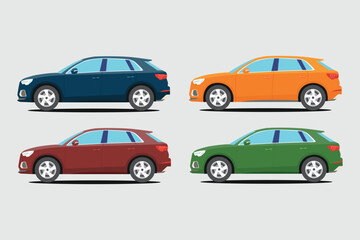 Vector illustration set of land vehicle in different color. Image of four car in cartoon flat style. Icon of car product for labelling advertising in trip, family car comfort vehicle side view.