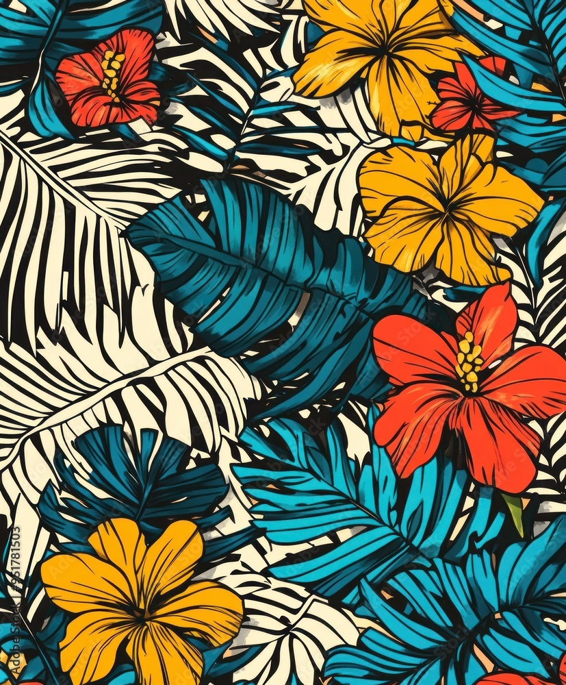 Poster A vibrant floral pattern featuring tropical flowers and leaves in bold colors.