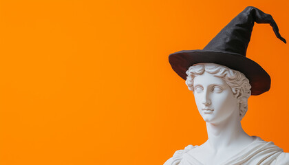 Ancient Greek statue with Halloween witch hat, orange background, copy space