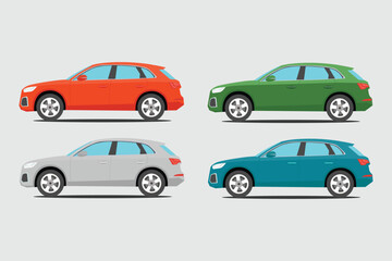 Vector illustration set of land vehicle in different color. Image of four car in cartoon flat style. Icon of car product for labelling advertising in trip, family car comfort vehicle side view.