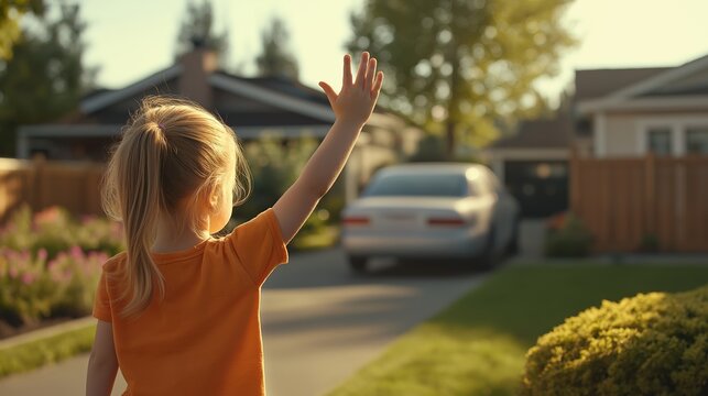 A child waves goodbye to a car in a serene suburban neighborhood, highlighting moments of farewells and family connections.