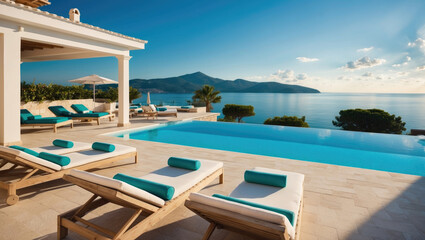 Fototapeta premium Terrace of a resort hotel with sunbeds and swimming pool with clear blue water with breathtaking panoramic sea view