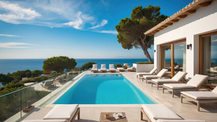 Fototapeta premium Terrace of a resort hotel with sunbeds and swimming pool with clear blue water with breathtaking panoramic sea view