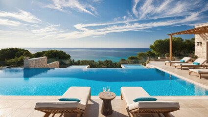 Terrace of a resort hotel with sunbeds and swimming pool with clear blue water with breathtaking panoramic sea view