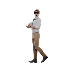 Male Teacher 3D Model. The male teacher is walking to the right with his right hand on his left hand. Educational Environment