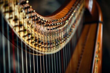 Celtic harp neck and tuning pins are highly decorated with wood inlay for an elegant musical instrument