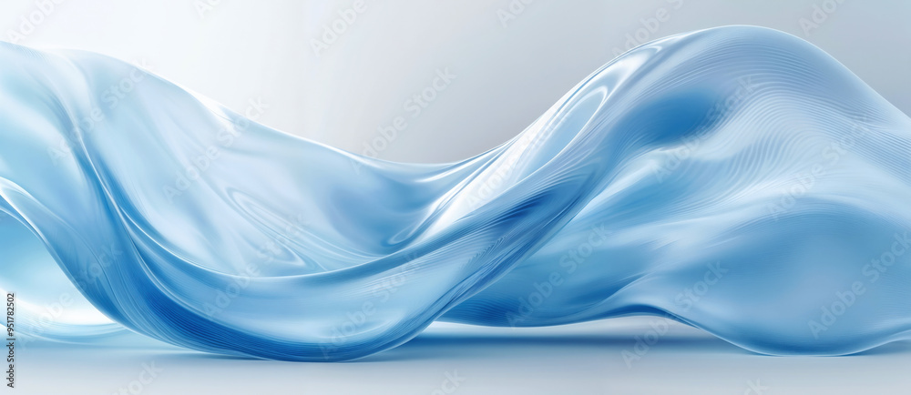 Poster abstract blue wavy shape with reflections is flowing on a white background