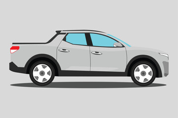 Obraz premium Vector illustration of pickup truck in cartoon flat style. Off-road car on grayscale background. Image of a land vehicle strong durability and comfort. Gasoline car, electric car