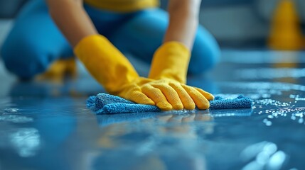 Person wearing yellow gloves cleaning a wet floor with a blue cloth, emphasizing hygiene and cleanliness.