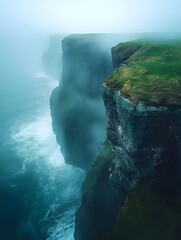 Dramatic cliffs rise out of the misty ocean, creating a sense of mystery and grandeur.