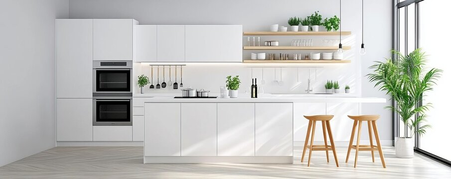 Scandinavian minimalist kitchen with sleek white cabinetry, natural wood accents, and airy open shelves, embodying simplicity and elegance