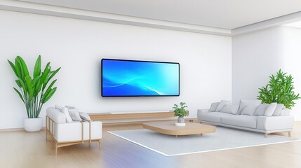 A modern living room with a floating holographic TV, sleek furniture, minimalist design, soft neutral colors, 3D rendering