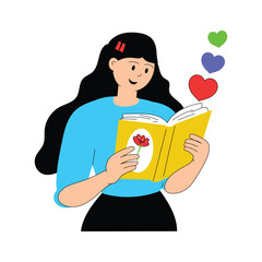 A girl reading a romantic novel, ready to use flat illustration