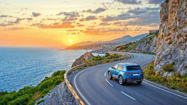 Blue car SUV driving along a scenic coastal road at sunset, with sea and mountain views. Travel and road trip concept - Powered by Adobe
