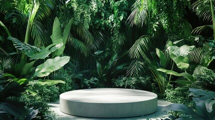 A round product display podium is set in a vibrant jungle environment, the natural greenery creating a harmonious and earthy vibe.