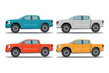 Vector illustration set of land vehicle in different color. Image of pickup truck in cartoon flat style. Four wheel drive sporty car. Comfort pickup truck icon, symbol, logo for advertising