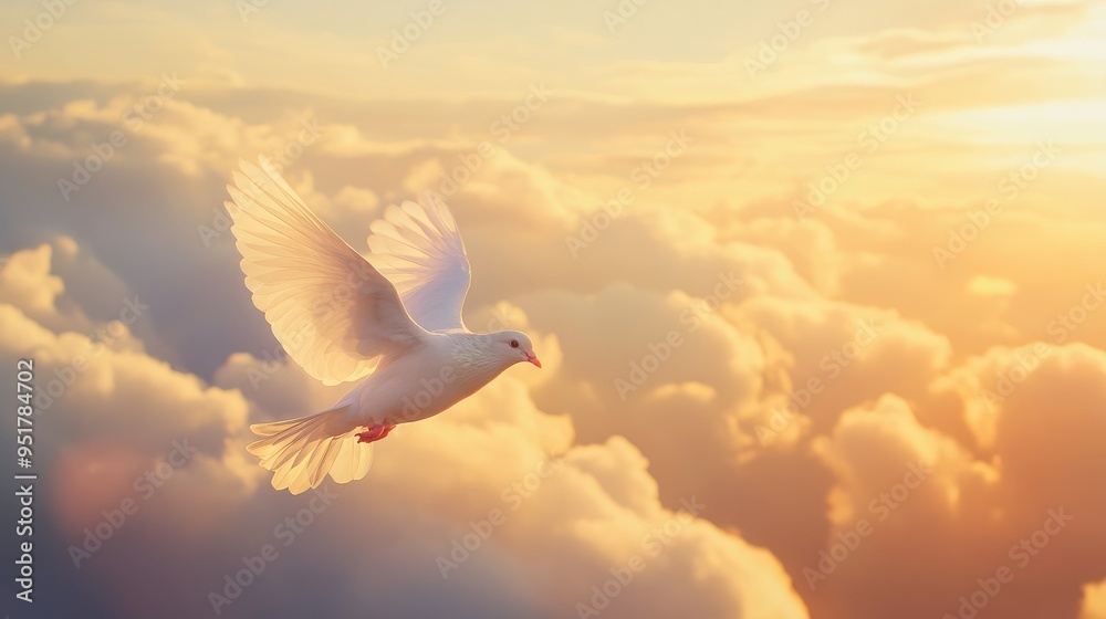 Wall mural a serene image of a white dove flying against a backdrop of soft clouds and golden light, representi