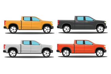Vector illustration set of land vehicle in different color. Image of pickup truck in cartoon flat style. Four wheel drive sporty car. Comfort pickup truck icon, symbol, logo for advertising © Kidung Paripurna