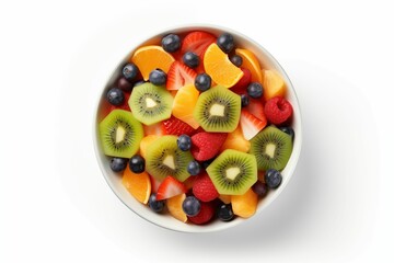 Top view of fruit salad in bowl isolated on white background. Generative ai