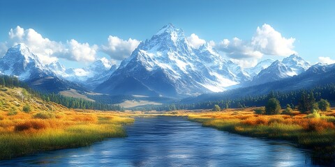 Obraz premium A serene mountain landscape with a winding river in the foreground and snow-capped peaks in the background.