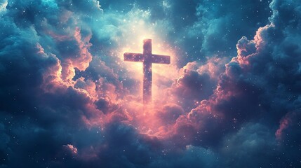 Abstract wallpaper of a Cross in heavenly, ethereal clouds and shining lights. Cross background symbolizing prayer, heaven, or spirituality. generative ai