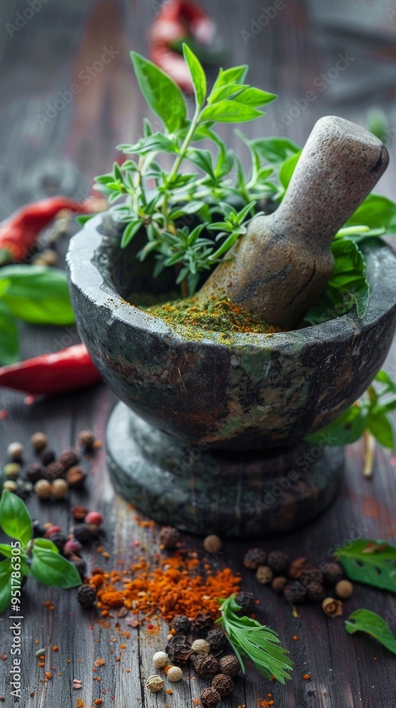 Wall mural Image shows rustic mortar & pestle on wood table with fresh herbs, peppers, & leafy greens. Textures evoke rustic, organic vibe.